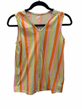 Lands End Pastel Striped Tank with Pom trim at neck size XS